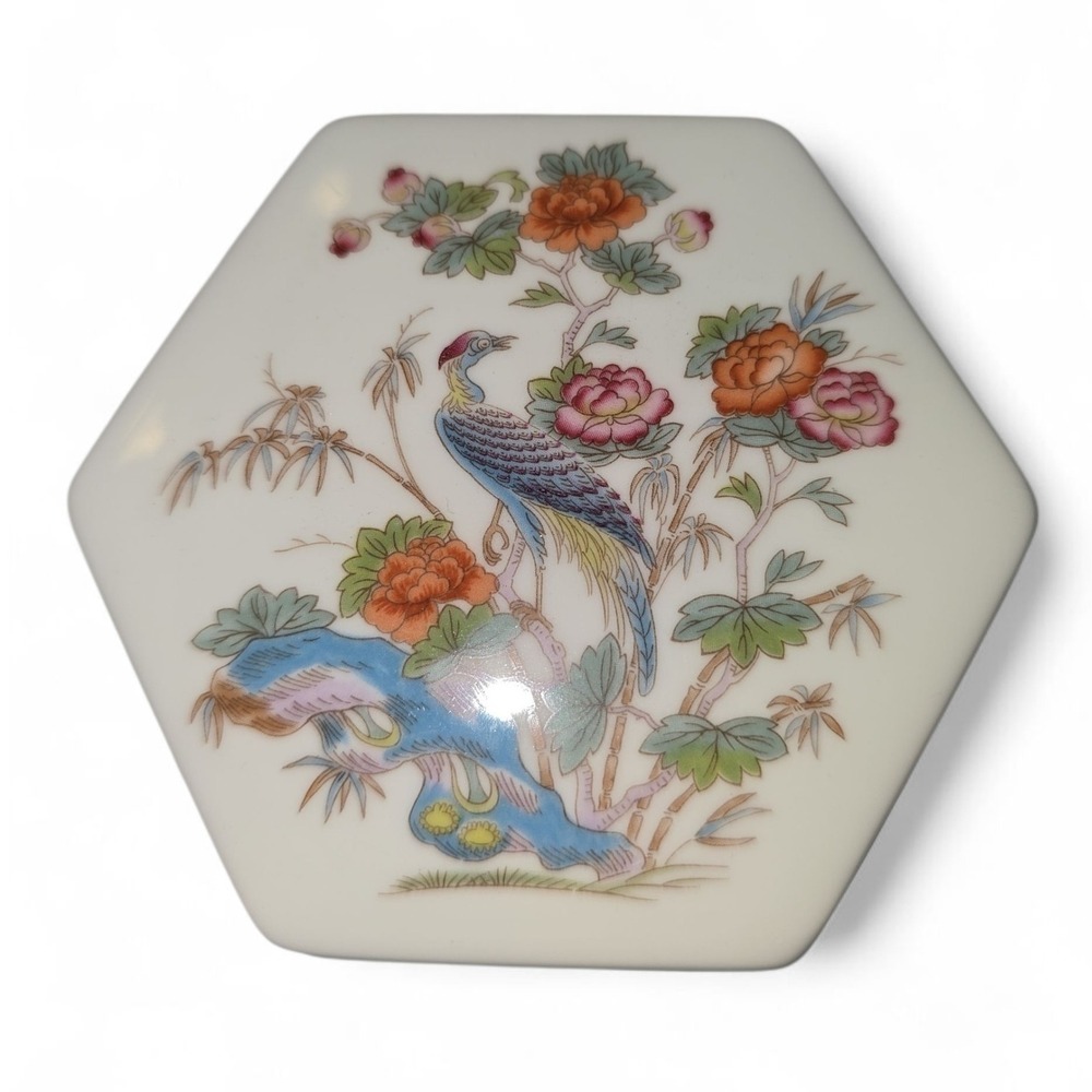 Wedgwood Kutani Crane Bone China Trinket Box Hexagon Floral Made England